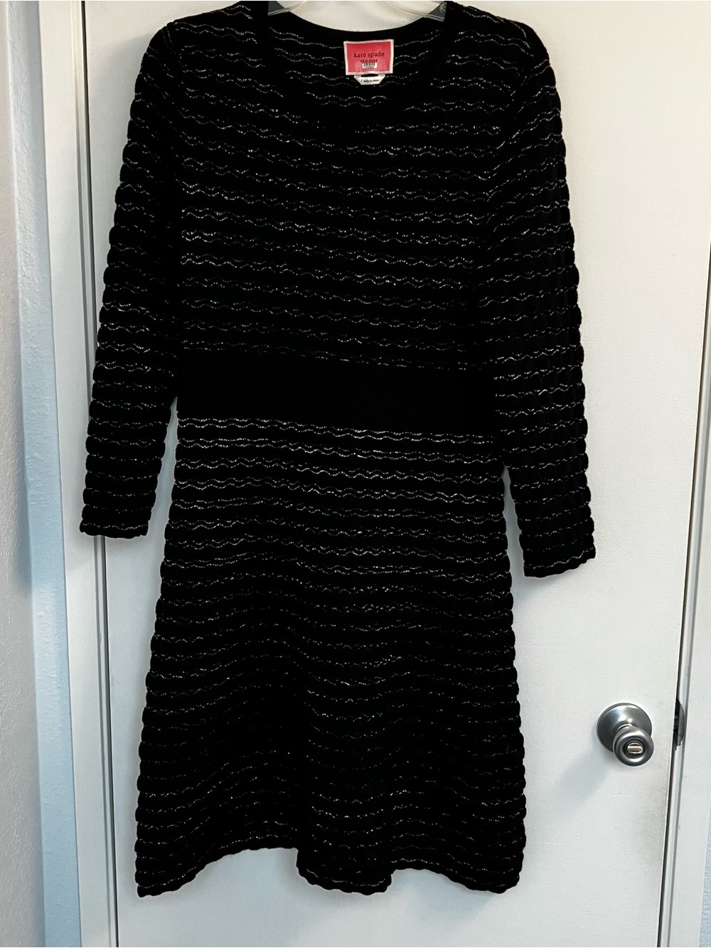 Kate Spade New York Womens Large Metallic Knit Sweater Dress Black Shimmer Wool